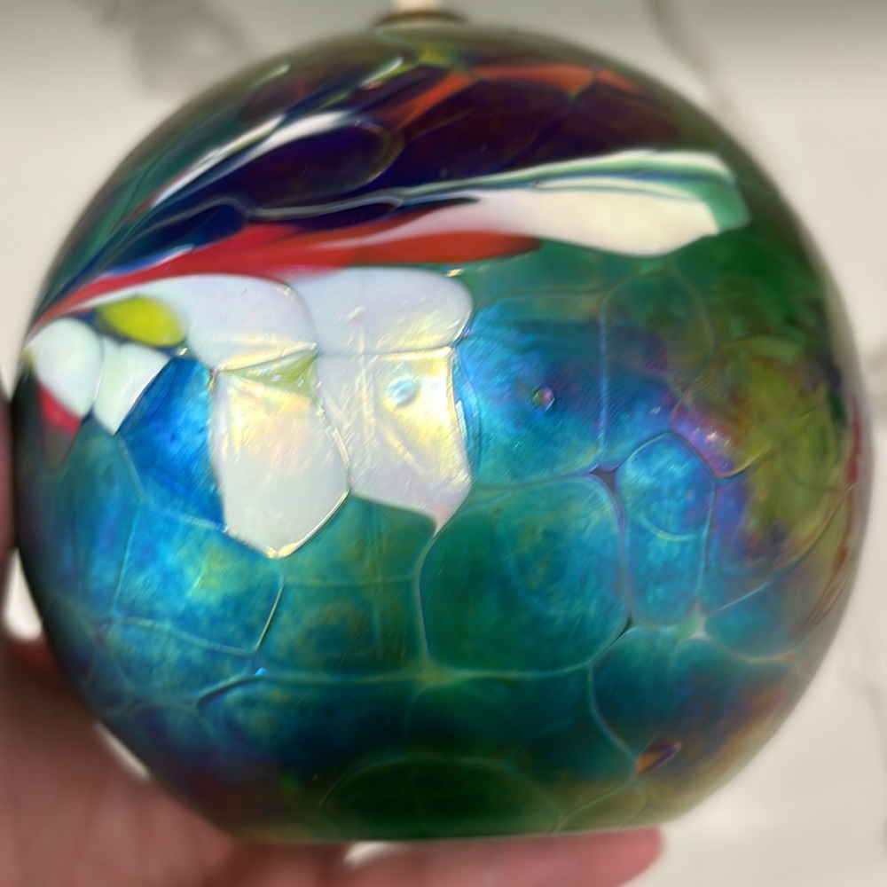 Handblown Iridescent Mosaic Art Glass Oil Lamp With Brass Top - Picture 10 of 14